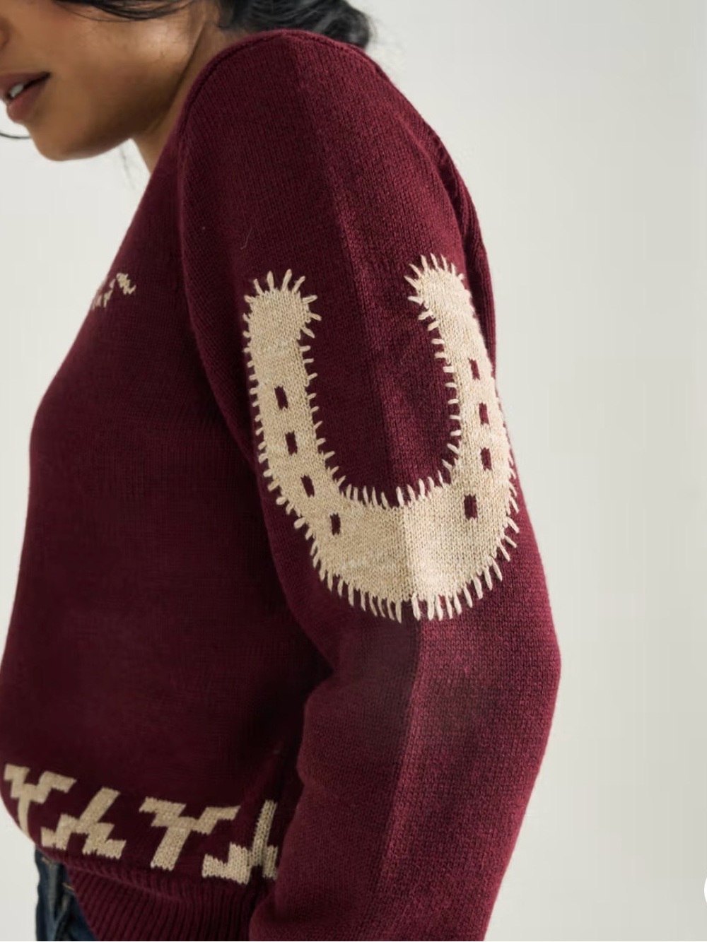 Tecovas Burgundy Crewneck Sweater with Cream Southwestern Accents - Picture 3 of 9